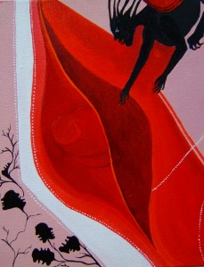 The Harpy and the vagina. This was painted when I hated my vagina and had a huge amount of anger towards it. (still more to go emotionally on this issue).